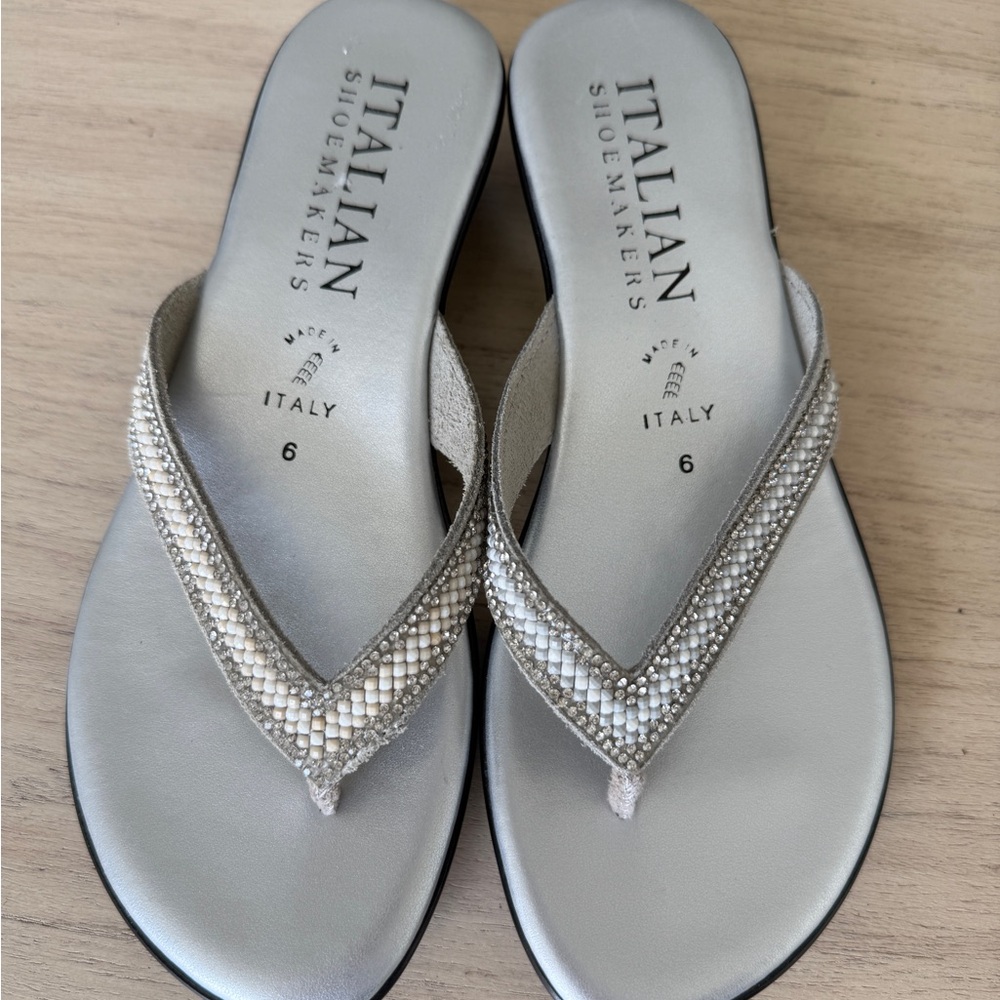 Italian Shoemakers Silver Beaded V‑Thong Sandals (Size 6)